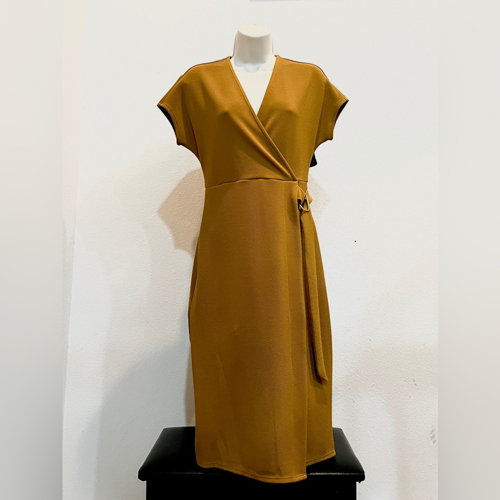T Tahari Fall Mustard Yellow V Neck Wrap Midi Dress